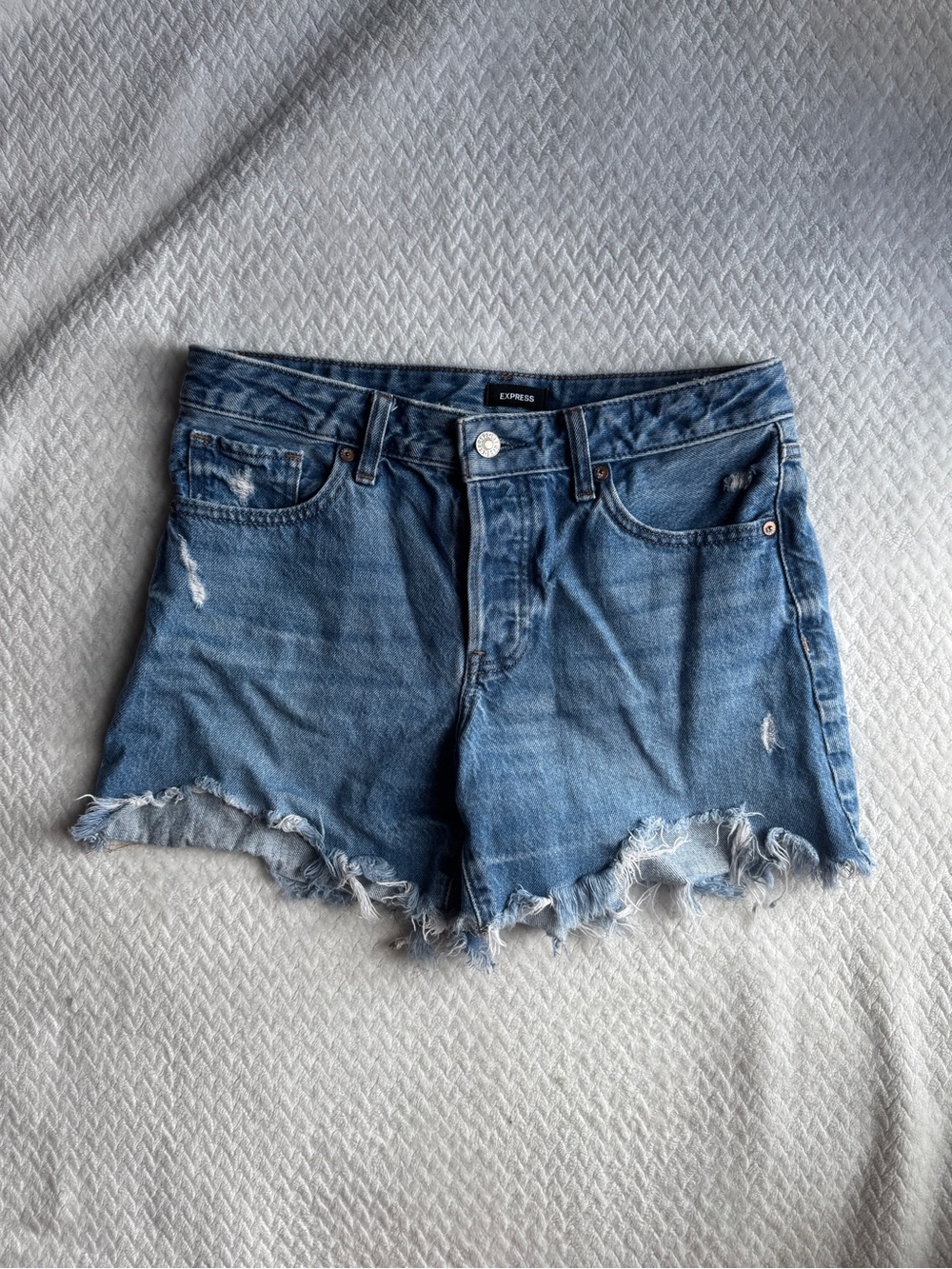Express Distressed Light Blue Denim Cutoff Shorts